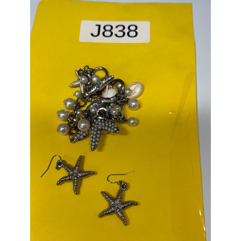 Nautical Starfish Shell Pearl Charm Bracelet and Starfish Dangle Earrings Set - Picture 7 of 9